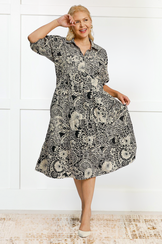 Umgee Printed Smocked Cuff Puff Sleeve Midi Dress