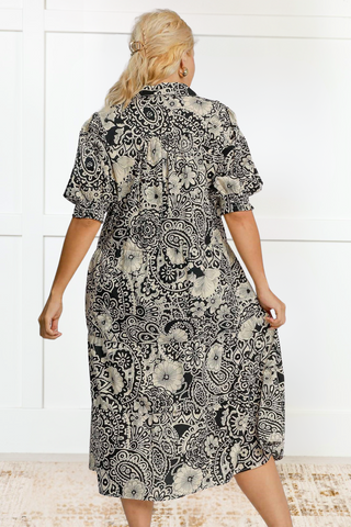 Umgee Printed Smocked Cuff Puff Sleeve Midi Dress